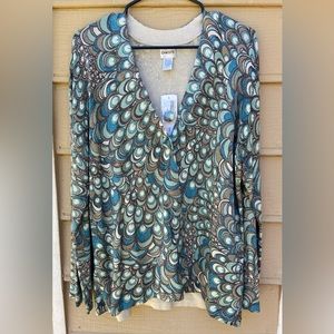 NWT- Chicos  Cardigan Long Sleeve Sweater One Button Peacock Pattern Sparkle